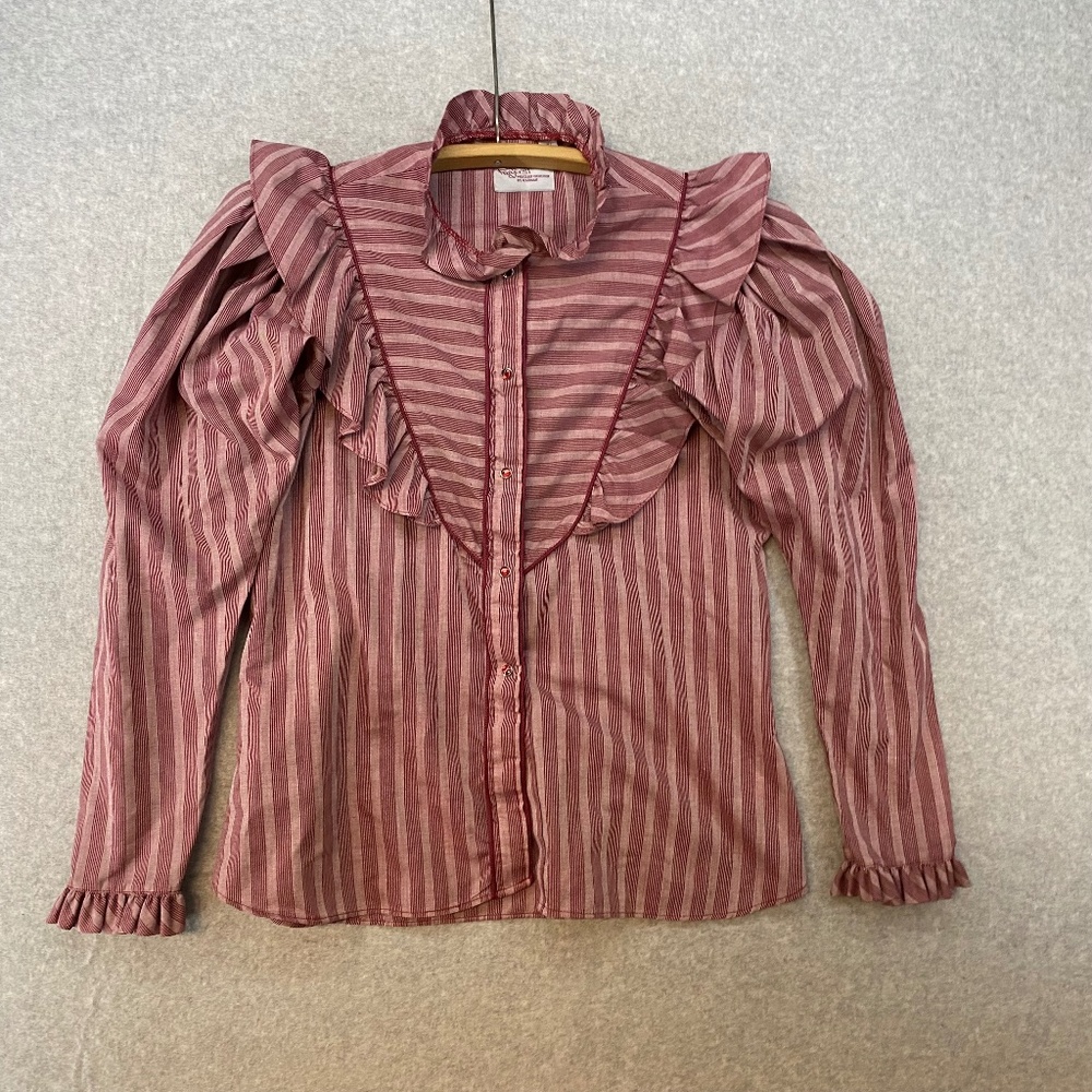 Striped Ruffle Button-Front Blouse - Dusty Rose